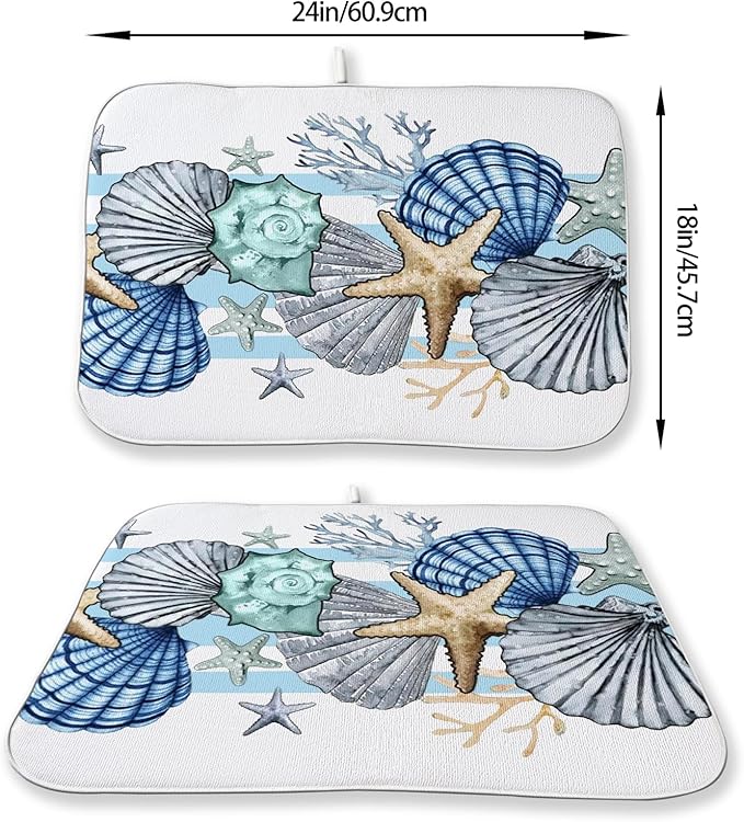 Nautical Coastal Starfish Dish Drying Mat 18x24 Inch Blue Beach Coral Shell Drying Mat for Kitchen Counter Absorbent Seasonal Summer Ocean Dishes Dry Pad for Drainer Rack Kitchen Fast Dry