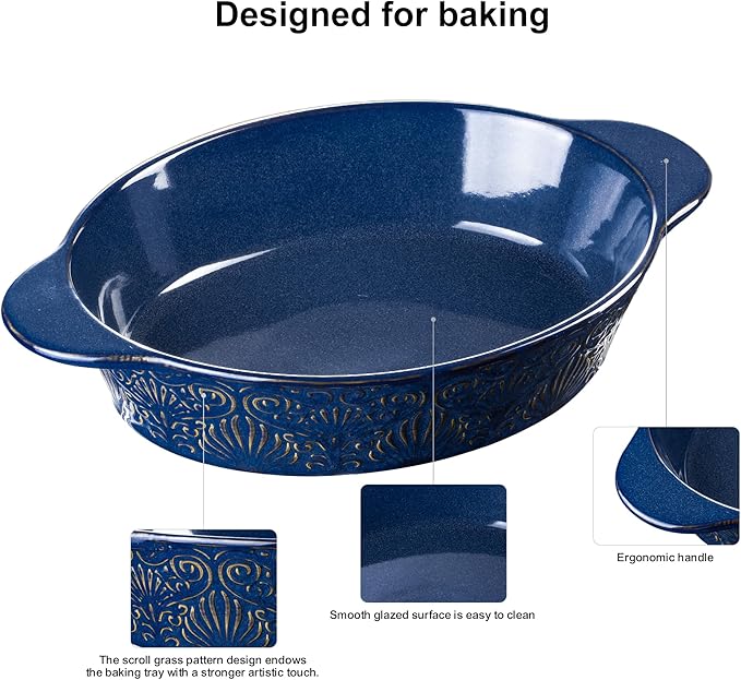 Dafuceramic Casserole Dishes for Oven Sets of 3, Ceramic Oval Baking Dish, Au Gratin Baking Pans with Handles for Roasting, Lasagna, Pie, Baking Meat & Vegetables, Blue - Image 5