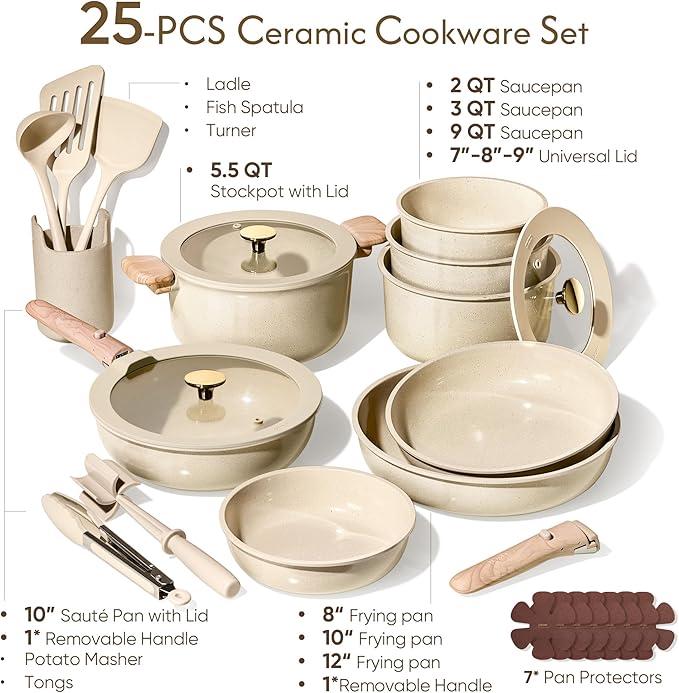 CAROTE 25PCS Ceramic Cookware Set, Pots and Pans set Non Stick, RV Kitchen Cooking Set Removable Handles, Oven Safe, Induction Cookware, Non-toxic Kitchen Cooking Set, PFAS and PFOA Free - Image 2