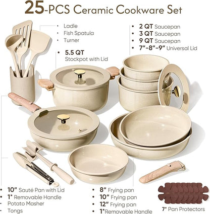 CAROTE 25PCS Ceramic Cookware Set, Pots and Pans set Non Stick, RV Kitchen Cooking Set Removable Handles, Oven Safe, Induction Cookware, Non-toxic Kitchen Cooking Set, PFAS and PFOA Free - Image 2