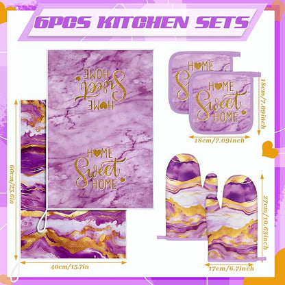 Bencailor Purple 6 Pcs Marble Kitchen Decor Gold Pot Holders Oven Mitts 2 Dish Towels 2 Farmhouse Cooking Mittens Oven Glove and Potholder for Baking Cooking Grilling Supply Accessories