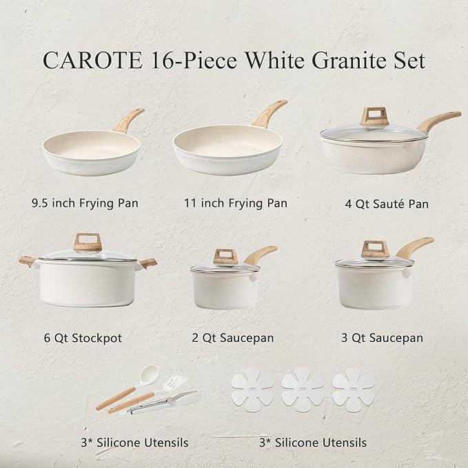 CAROTE 16 Piece Pots and Pans Set Nonstick, White Granite Cookware Sets Induction Cookware, Non Stick Cooking Set w/Frying Pans & Saucepans (PFOS, PFOA Free) - Image 2