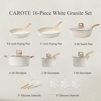 CAROTE 16 Piece Pots and Pans Set Nonstick, White Granite Cookware Sets Induction Cookware, Non Stick Cooking Set w/Frying Pans & Saucepans (PFOS, PFOA Free) - Image 2