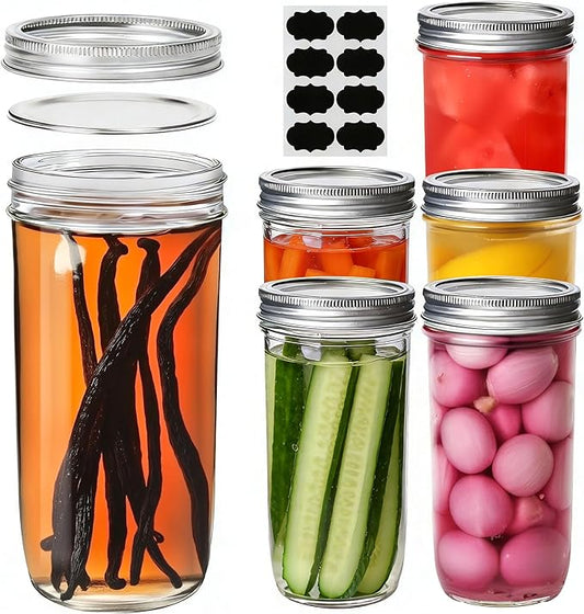 ComSaf 24 oz Mason Jars Wide Mouth 6 Pcs, Large Canning Jars with Seal Bands, 24 oz Glass jar with Lid for Jam, Sauce, Juice, Coffee, Pickling, Fruit, Dessert, Kitchen Storage, Vanilla Extract