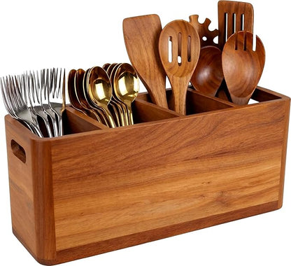 Wooden Kitchen Utensil Holder for Countertop - Extra Large Utensil Organizer for Storage Cooking and Silverware with 4 Compartment, Rustic Acacia Wood Container by YourSpaceYourWay-Rasydyn