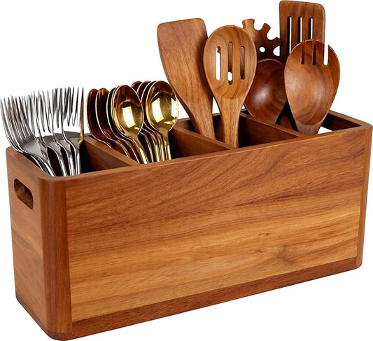 Wooden Kitchen Utensil Holder for Countertop - Extra Large Utensil Organizer for Storage Cooking and Silverware with 4 Compartment, Rustic Acacia Wood Container by YourSpaceYourWay-Rasydyn