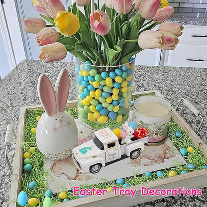 Easter Decorations - Mini Farmhouse Vintage Metal Truck with Easter Eggs & Bunny, White Spring Farm-Style Pickup Decor for Table Tiered Tray Home Kitchen Office Keepsake Gifts