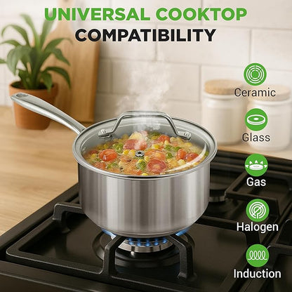 NutriChef 2-Quart Stainless Steel Saucepan - 18/8 Food Grade Heavy Duty Cookware, Sauce Pot, Stew Pot, Simmering Pot Kitchenware w/See Through Lid, Dishwasher Safe, For Induction Gas Ceramic Cooktops