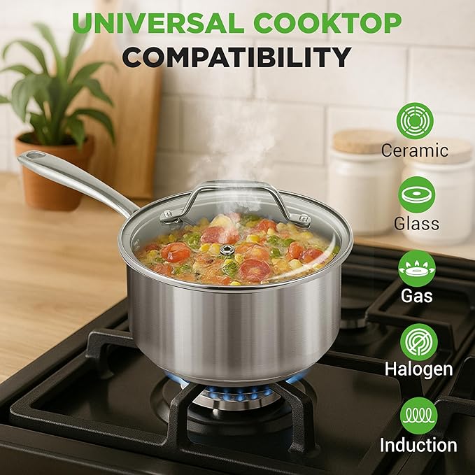 NutriChef 2 Quart Stainless Steel Saucepan with Lid - Heavy Duty Pot with Ergonomic Handles, For All Cooktops - Image 3