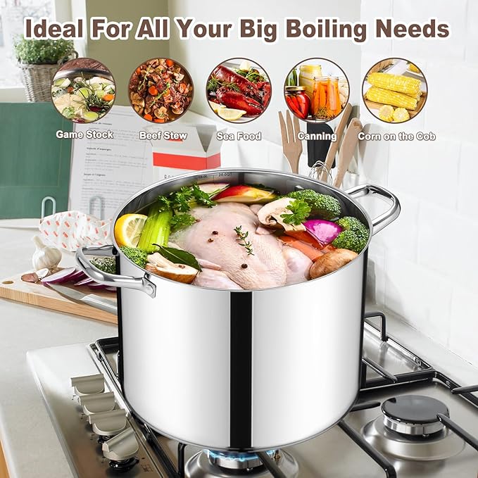 20 Qt Large Stock Pot, E-far Stainless Steel Stockpot with Lid for Boiling Cooking Soup Stew Canning, Heavy Duty Tri-Ply Bottom Works w/Induction, Commercial Grade & Dishwasher Safe - Image 4