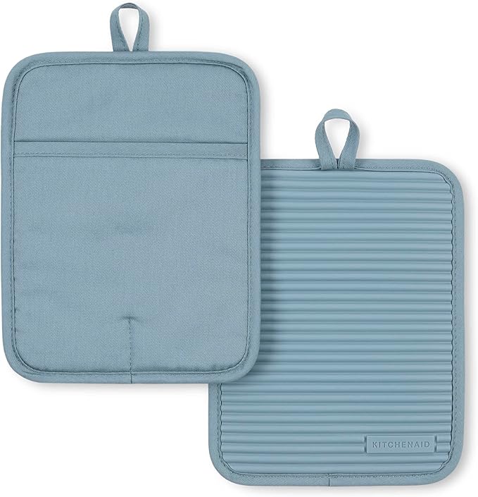 KitchenAid Ribbed Soft Silicone Pot Holder 2-Pack Set, Fog Blue, 7"x9" by KitchenAid
