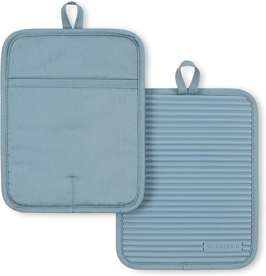 KitchenAid Ribbed Soft Silicone Pot Holder 2-Pack Set, Fog Blue, 7"x9" by KitchenAid