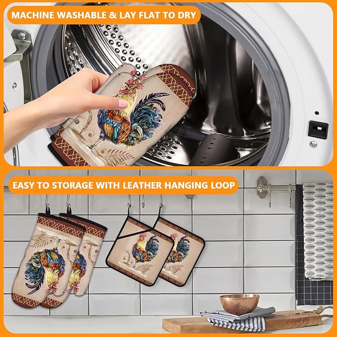 Rooster Oven Mitts and Pot Holders Sets 4Pcs,Extra Long Oven Gloves Potholder for Kitchen Cooking Baking BBQ 100% Cotton Heat Resistant - Image 5