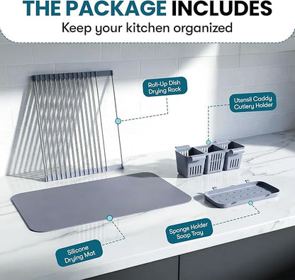 Havenity™ Expandable Roll Up Dish Drying Rack with Drying Mat - Adjustable Up to 22.75" with 2 Free Attachments & 2 Removable Baskets, 304 Stainless Steel Over The Sink Dish Drying Rack Cover Kitchen