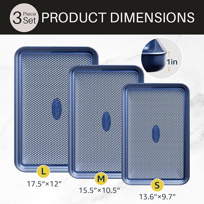 3Pcs Nonstick Baking Sheet, Baking Sheet Pan Set, Jelly Roll Pans, Cookies Sheet for Baking, Cookie Sheet Pan with Diamond Texture, Blue - Image 2