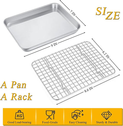 P&P CHEF 9 Inch Toaster Oven Pan with Rack Set, Stainless Steel Baking Pan Tray and Grid Cooling Rack for Cooking/Roasting, Dishwasher Safe & Easy to Clean, Non-toxic & Sturdy, (2Pcs)