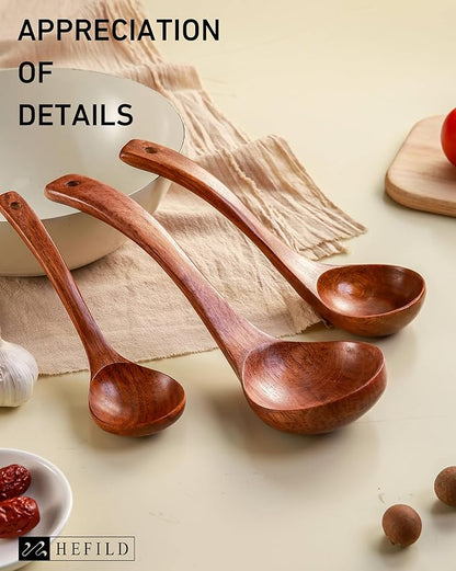 Wooden Ladles Set of 3 – Wood Ladles for Serving Soups and Stews, Includes 3oz, 2oz, 0.9oz – Soup Spoons and Large Kitchen Spoons for Cooking and Stirring