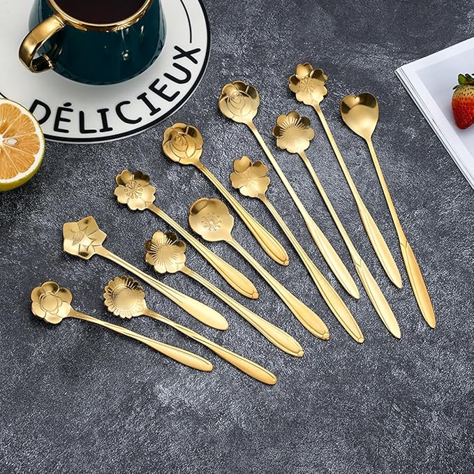 12 Pcs Flower Coffee Tea Spoons Set with Storage Bag, 4 Long & 8 Short Stainless Steel Teaspoons for Sugar Dessert Ice Cream Stirring, Cute Fancy Tableware for Tea Party Kitchen Cafe Bar(Gold)