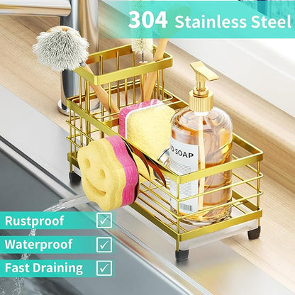 HapiRm Sink Caddy Sponge Holder - Self-draining Kitchen Sink Organizer with Smiley Face and Brush Holder, Stainless Steel Kitchen Organizer for Countertop - Gold - Image 4