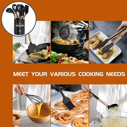 Silicone Cooking Utensil Set, Umite Chef Kitchen Utensils 15pcs Cooking Utensils Set Non-stick Silicone Rose Gold Handle Cooking Tools Whisk Kitchen Tools Set - Balck - Image 3