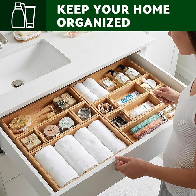 Bamboo Drawer Organizer 14 Pcs for Kitchen Multi-purpose Storage Dividers for Kitchen, Office, Jewelry, Cosmetics, Wooden Drawer Dividers for Drawer Organizer Desk Organizer Gift for Women Gifts Idea - Image 7