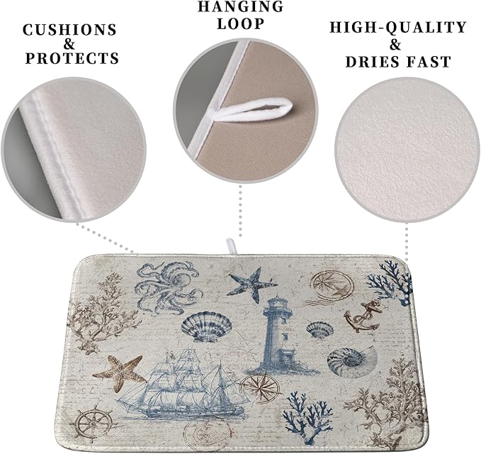 Nautical Coastal Dish Drying Mat for Kitchen Counter Summer Ocean Sailboat Starfish Seashell Absorbent Microfiber Dish Mat Reusable Washable Dish Drainer Rack Mat 18x24 Inch - Image 3