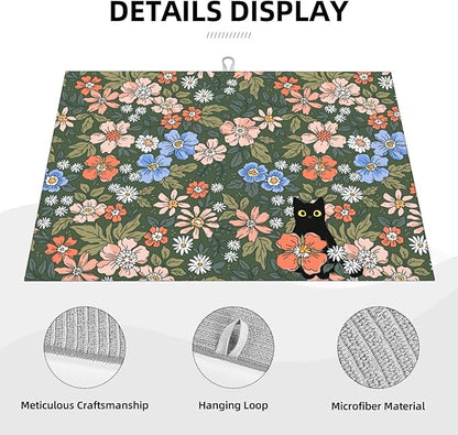 Black Cat Floral Dish Drying Mat For Kitchen Counter Absorbent Large Kitchen Fast Dry Pad Reusable Washable Protector Rack Large Mat 18 X 24