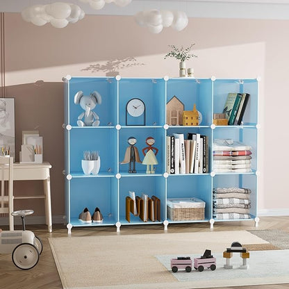 AWTATOS Cube Storage Organizer Protable Closet Organizers and Storage for Kids DIY Stackable 12 Cube Storage Shelves Clothes Organizer for Bedroom, Home, Blue - Image 4