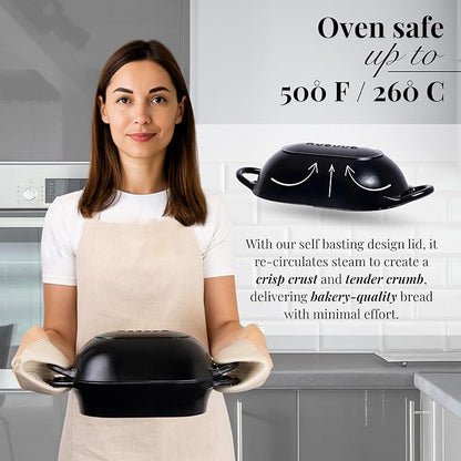 nuovva Dutch Oven For Sourdough Bread Baking – Enamelled Cast Iron Bread Loaf Pot – Oven Safe Non Stick Bread Pot – Rectangular, Black, 24cm x 16cm