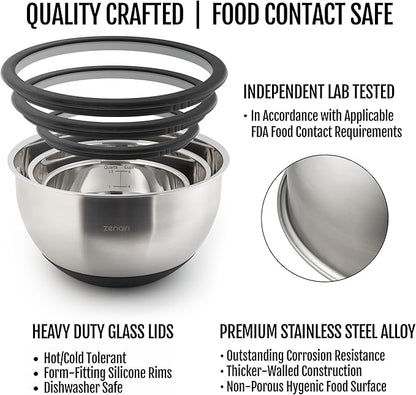 Premium Quality Stainless Steel Mixing Bowls with Lids, 3-Piece Set, Dishwasher-Safe Clear Glass Lids, No Plastics