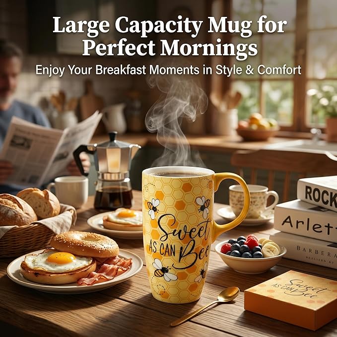 Topadorn Ceramic Travel Mug with Lid and Handle for Men Women Office Work, Microwave & Dishwasher Safe,17Oz, 6.5" H Tall Tea Cup in Color Box, Bee