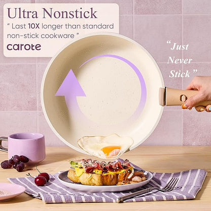 CAROTE Pots and Pans Set Non Stick, Cookware Sets, 19pcs Kitchen Set, Oven/Fridge Safe, Space Saving Pots Set, Nonstick Set with Versatile Removable/Detachable Handle, Induction RV Set, Purple - Image 3