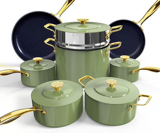Nuwave Lux LE 13-Pc Cookware Set with Elegant Gold Handle, Diamond Infused Ceramic Non-Stick, PFAS Free, Premium Metal Lids, Ergonomic Stay-Cool Handles, Induction Ready & Compatible w/All Cooktops
