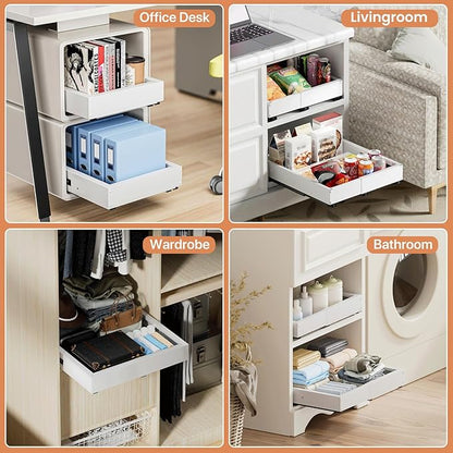 2 Pack Pull out Cabinet Organizer, Width (10"-15") Depth (11"-17"), with 3 Rails Adjustable Slide, Expandable Drawers for Cabinets, No Drill Adhesive Kitchen Drawers for Pantry Shelves white - Image 4