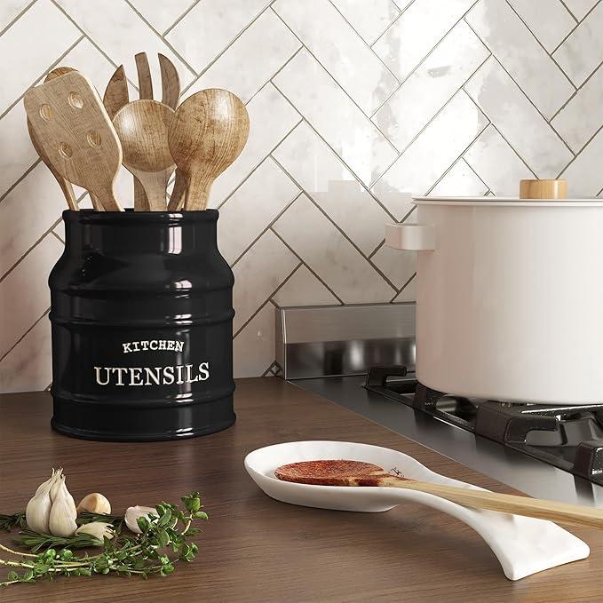 Barnyard Designs Ceramic Farmhouse Utensil Holder for Kitchen Counter, Large Rustic Utensil Crock, Countertop Cooking Tool Spatula Organizer, 6.75” (Black) - Image 6