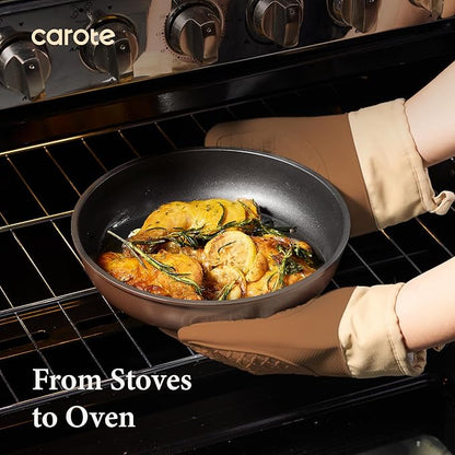 CAROTE 21pcs Pots and Pans Set, Nonstick Cookware Set Detachable Handle, Induction Kitchen Cookware Sets Non Stick with Removable Handle, RV Cookware Set, Oven Safe, Brown - Image 6