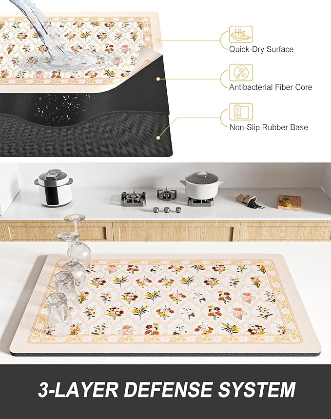Rnivvi Dish Drying Mat for Kitchen Counter, 12 x 19" Cute Flower Theme Super Absorbent Draining Pad, Non-Slip Heat Resistant Coffee Bar Mat for Coffee Machine Station Accessories, Beige Dish Rack Pad - Image 4