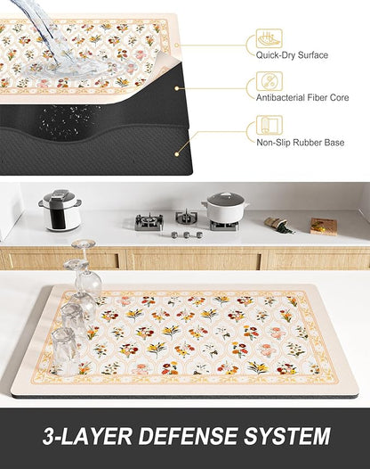 Rnivvi Dish Drying Mat for Kitchen Counter, 12 x 19" Cute Flower Theme Super Absorbent Draining Pad, Non-Slip Heat Resistant Coffee Bar Mat for Coffee Machine Station Accessories, Beige Dish Rack Pad - Image 4