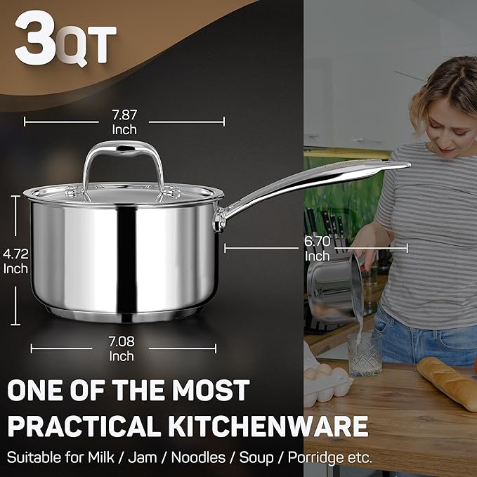 Ciwete 3 Qt Saucepan with Lid - Upgraded Package - 3 Quart 18/10 Stainless Steel Sauce Pan with Mirror Polishing and 2 Sacles, Induction Cookware, Small Pot for Cooking, Dishwasher Safe Oven Safe - Image 3
