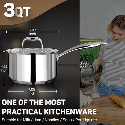 Ciwete 3 Qt Saucepan with Lid - Upgraded Package - 3 Quart 18/10 Stainless Steel Sauce Pan with Mirror Polishing and 2 Sacles, Induction Cookware, Small Pot for Cooking, Dishwasher Safe Oven Safe - Image 3