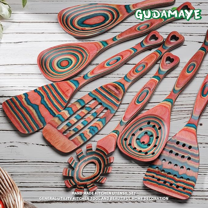 Gudamaye Pakkawood 7-Piece Wooden Cooking Utensils, Wooden Spoons for cooking, Wooden Utensil set, Pinkish-Orange Pakkawood Cooking Spoons, Non-Stick Spoon, Pakkawood kitchen utensils - Image 5