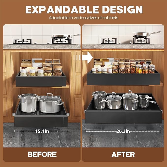 Seinloes 2 Pack Expandable (15.1"-26.3") Pull Out Cabinet Organizer 21" Deep With Raising Pad for Framed Cabinets,Upgrade 3 Slide Rails Slide Out Drawers,No Drill Roll Out Shelves Adhesive,Black - Image 4