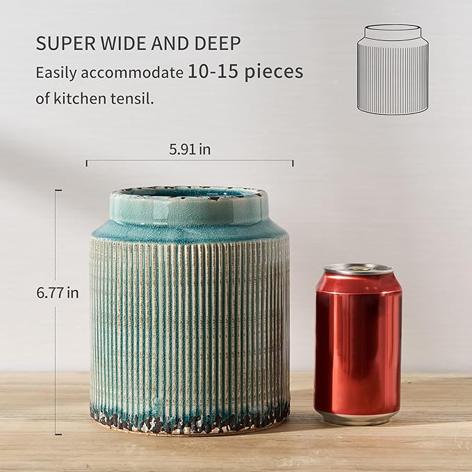 JIEMEI HOME Kitchen Utensil Holder, 6.77" Ceramic Farmhouse Stable Utensil Crock for Countertop, Vintage Style Cooking Tool Organizer with Cork Mat, Spatula Holder For Kitchen Decor, Antique Blue - Image 2