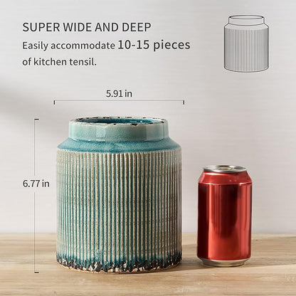 JIEMEI HOME Kitchen Utensil Holder, 6.77" Ceramic Farmhouse Stable Utensil Crock for Countertop, Vintage Style Cooking Tool Organizer with Cork Mat, Spatula Holder For Kitchen Decor, Antique Blue - Image 2
