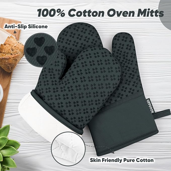 Oven Mitts and Pot Holders 4 Sets, Heat Resistant 500 ℉ Oven Mitt and Pot Holder,Oven Glove&Potholders with Non-Slip Silicone Surface,Kitchen Essentials for Cooking/Baking/BBQ-Deep Green - Image 3