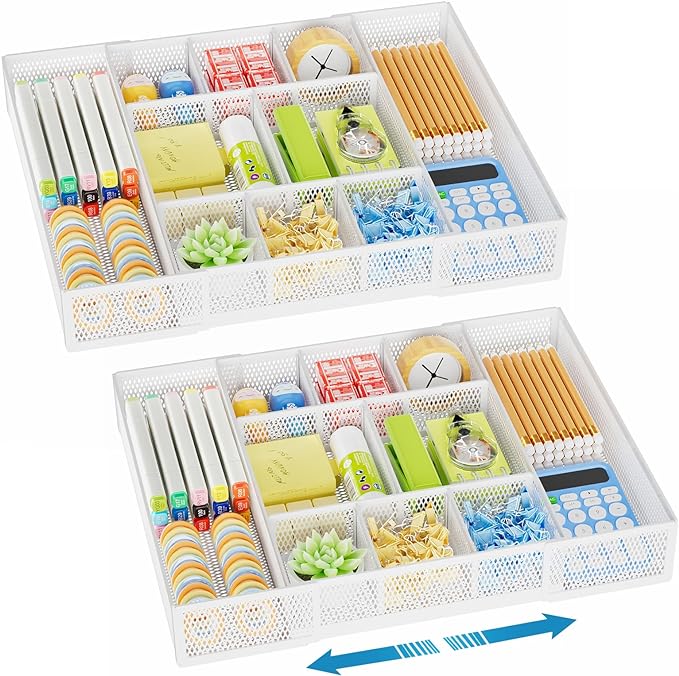 Marbrasse Expandable Desk Drawer Organizer, Mesh Drawer Organizer Tray with 10 Adjustable Compartments, Desk Organizers and Accessories for Office Supplies, Makeup & Vanity (Expandable White-2 pack) by Marbrasse