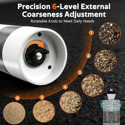 Rechargeable Electric Salt and Pepper Grinder Set, Automatic Pepper Mill with Adjustable Coarseness & One-Hand Operation, Large Capacity Battery-Powered Shakers for Cooking, Kitchen, Gifts (1, White)