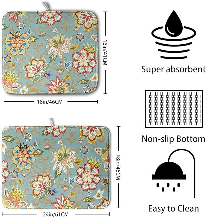 Boho Floral Kitchen Dish Drying Mat for Dishes 16x18 Inch Vintage Mandala Colorful Flowers Drying Mat Green Bohemian Dish Drainer Mat Super Absorbent Dish Rack Pad for Coffee Bar Sinks - Image 2