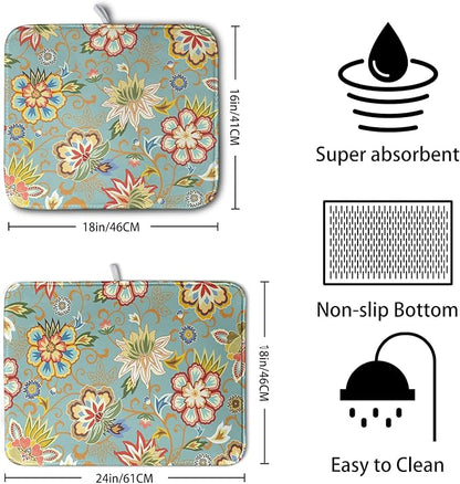 Boho Floral Kitchen Dish Drying Mat for Dishes 16x18 Inch Vintage Mandala Colorful Flowers Drying Mat Green Bohemian Dish Drainer Mat Super Absorbent Dish Rack Pad for Coffee Bar Sinks - Image 2