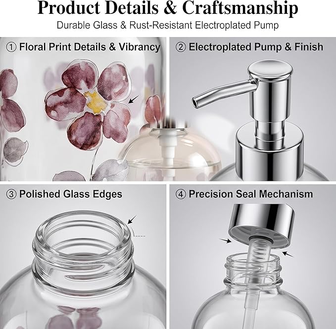 17oz Glass Soap Dispenser with Plastic Pump for Kitchen and Bathroom, Refillable Liquid Clear Bottle for Dish Soap & Hand Soap(Flower)